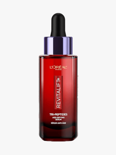 L’Oreal Revitalift Triple Power 3% Peptides Serum in branded component on a light gray background