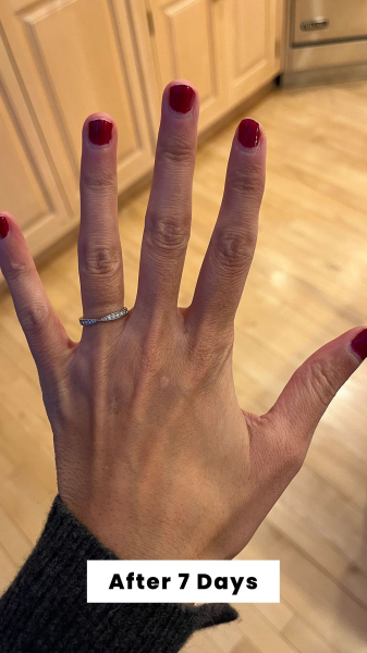 Hand shot of Allure contributing commerce editor Deanna Pai seven days after applying the Olive  June Long Lasting Nail...