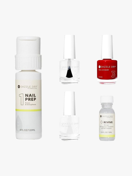 The Dazzle Dry Full System Kit, including Dazzle Dry Nail Prep, Dazzle Dry Base Coat, Dazzle Dry Nail Lacquer, Dazzle Dry Revive, and Dazzle Dry Top Coat on light gray background